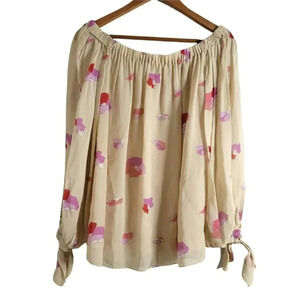 Jill stuart Off The Shoulder Blouse Womens M Ivory FloralBow 3/4 Sleeve hem tie
